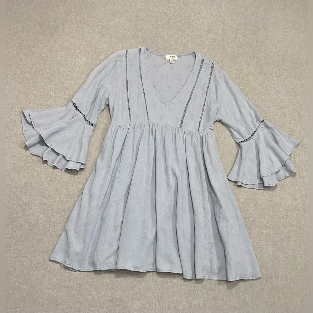 Umgee Soft Blue Mini Dress Ruffle Sleeves Sz M V Neck Boho Babydoll Dress